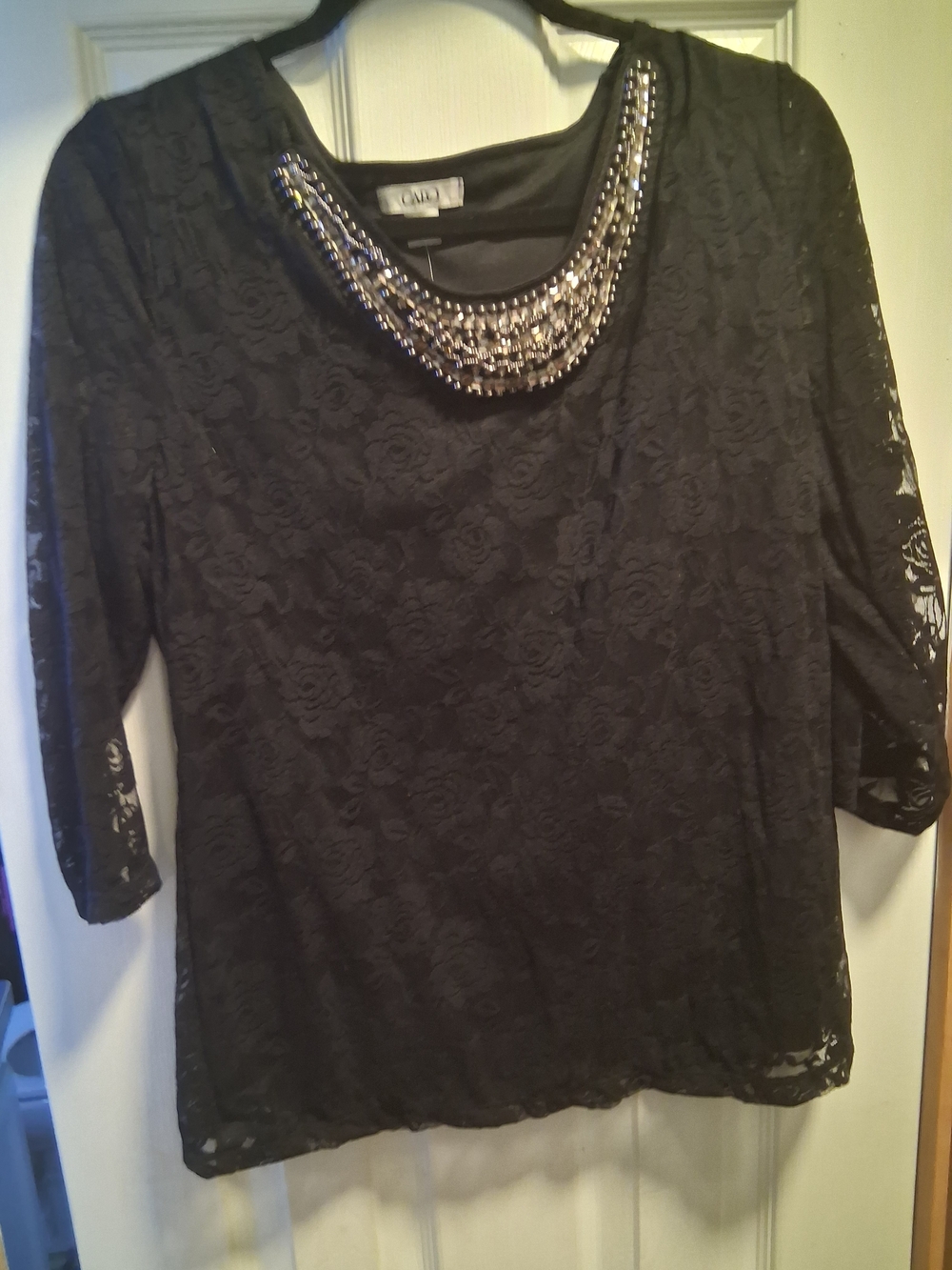 Cato Black Lace Scoop Neck Top with Beaded Trim